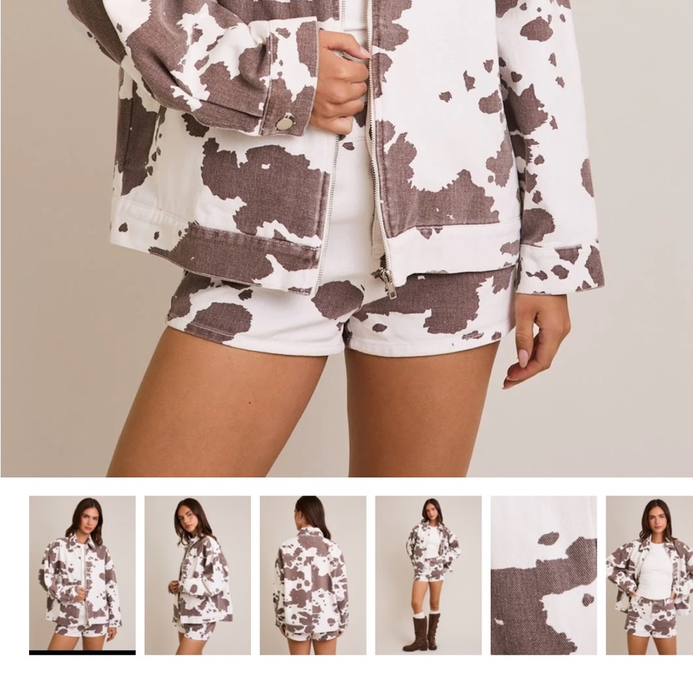 Le Lis Cowprint Zip Jacket in White & Brown